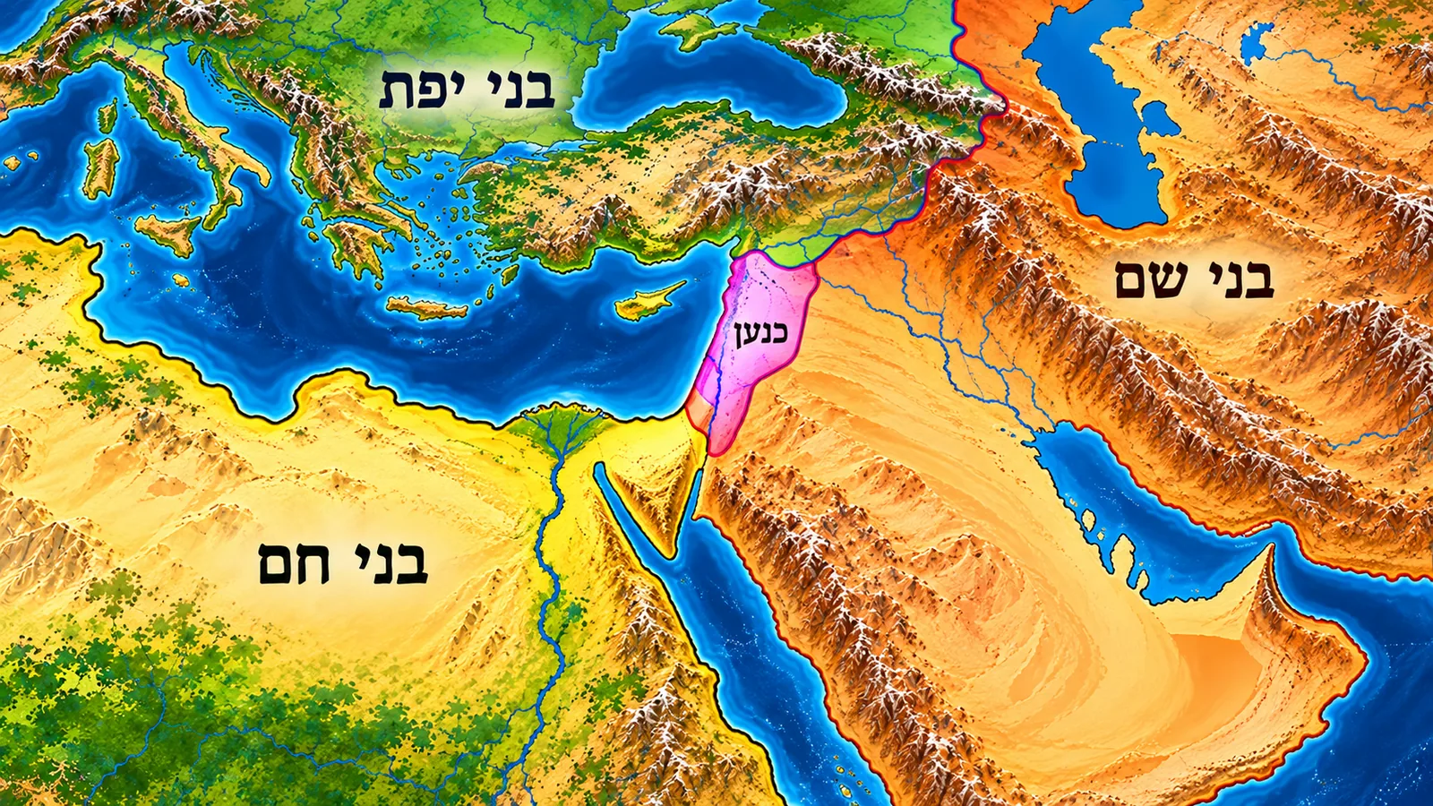 מפה מאוירת של אזורי בני יפת, בני שם ובני חם, עם כנען מסומנת