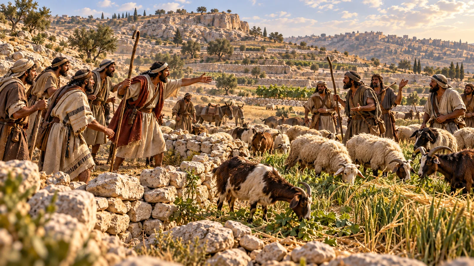 רועי אברם ורועי לוט מתווכחים בין טרסות אבן, לצד עדרי צאן