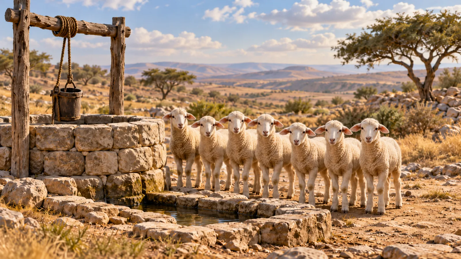 שבע כבשות עומדות ליד באר בנוף מדברי