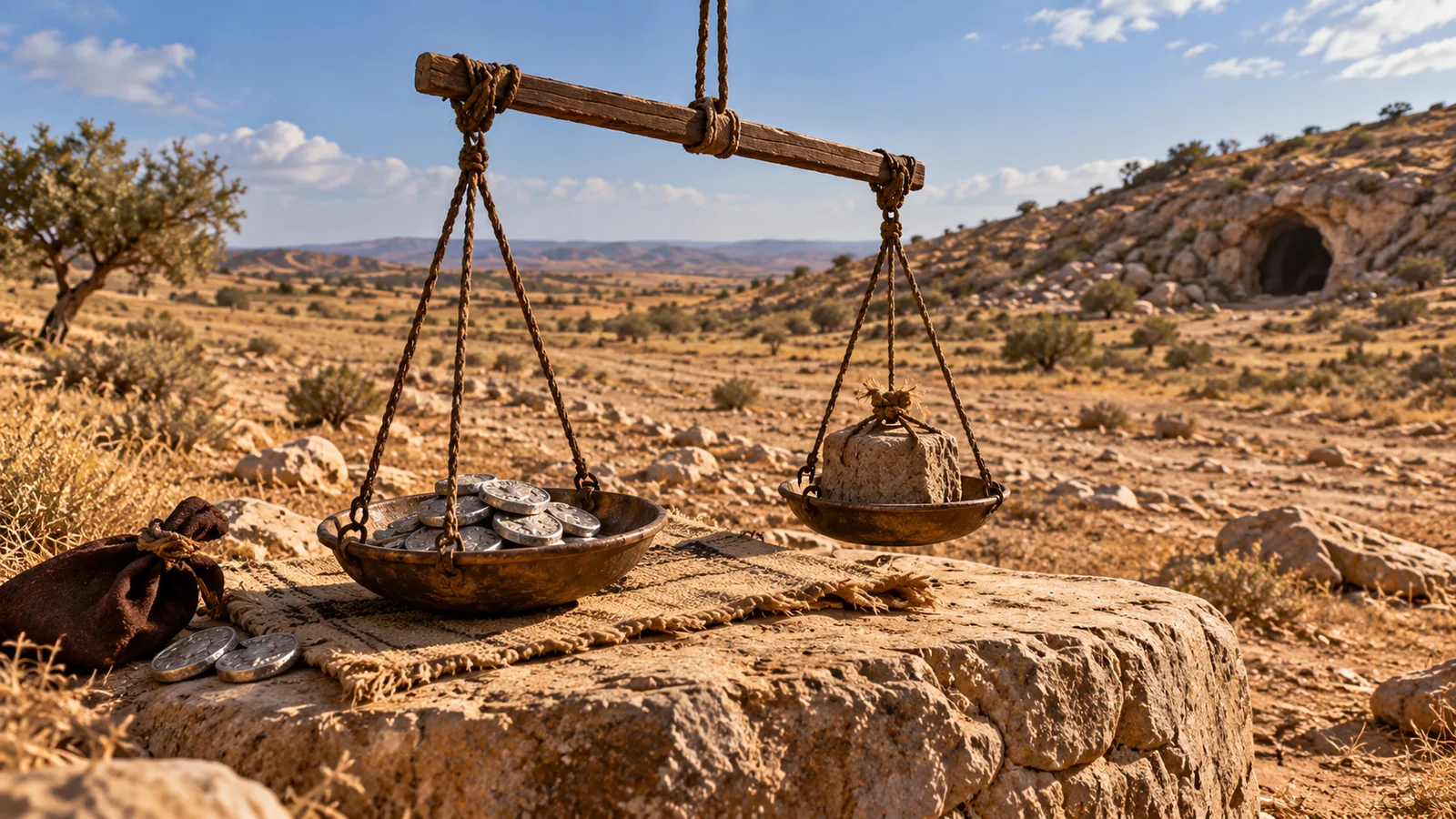 מטבעות כסף ומשקולת על כפות מאזניים, וברקע פתח מערה