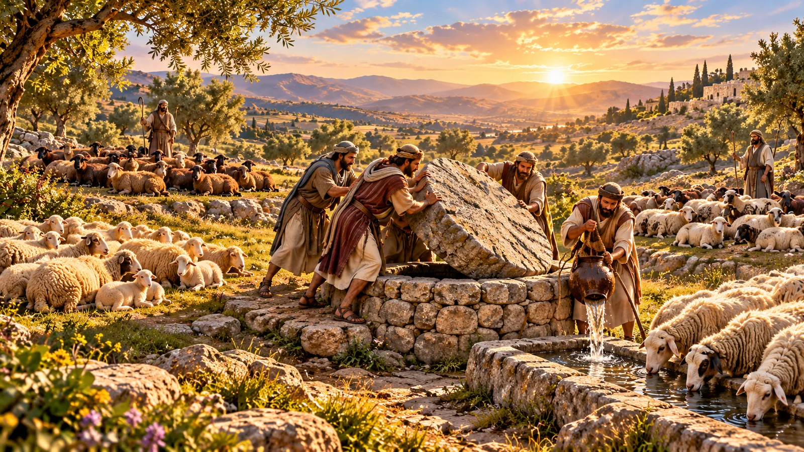 שלושה עדרי צאן סביב באר, רועים מזיזים אבן גדולה ומשקים את הצאן